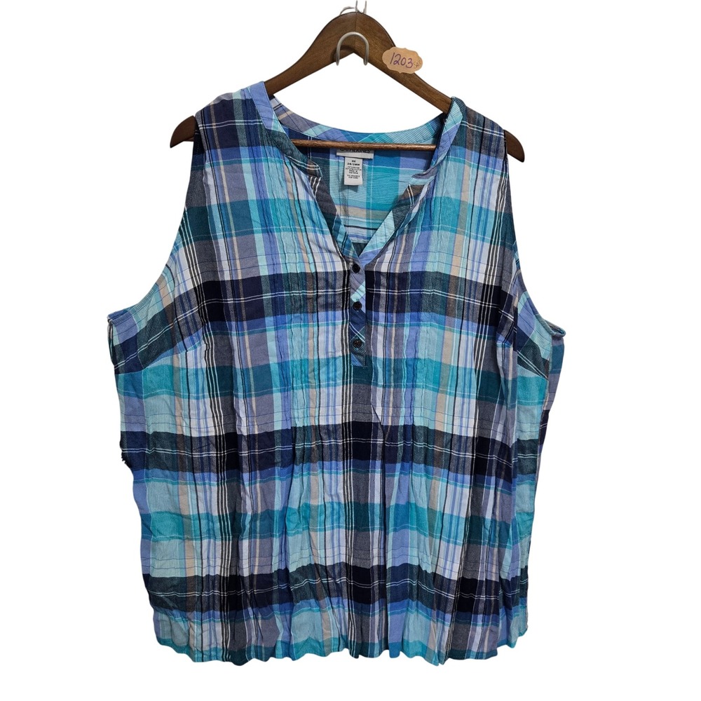 Catherines Womens 3X Blue Plaid Sleeveless Henley Blouse Split Neck Top 26/28W